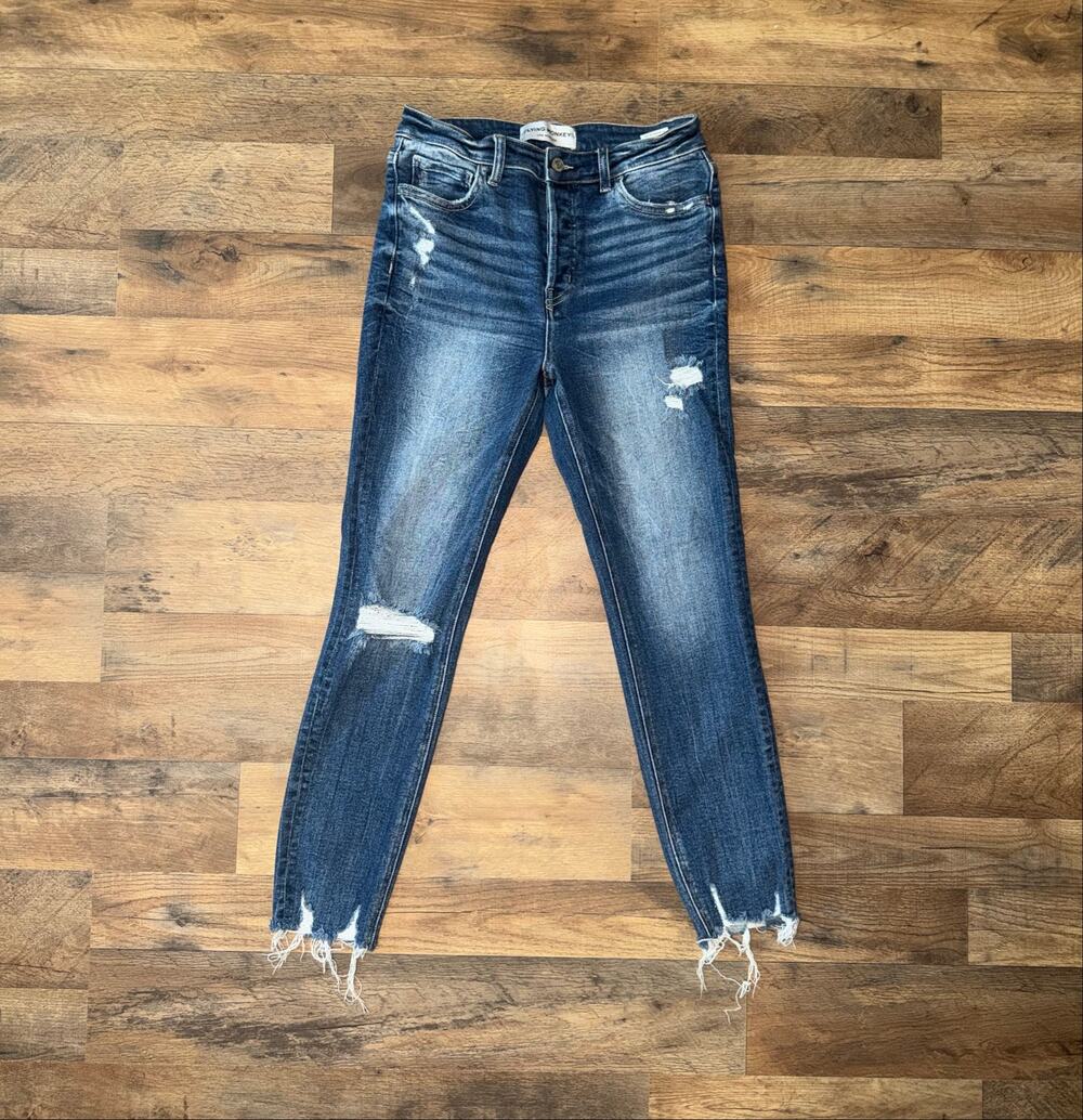 Flying monkey distressed button closure high rise ankle skinny blue jeans